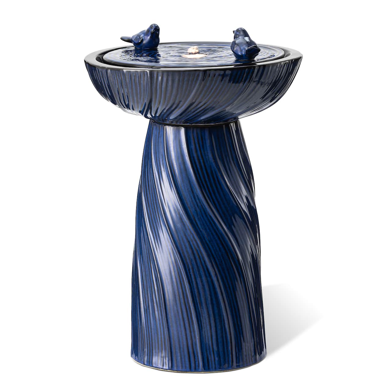Glitzhome® 24.75" LED Cobalt Blue Twist Ceramic Birdbath Outdoor Floor Fountain